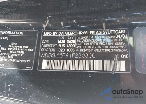 2001 Mercedes-Benz Slk 320 from USA, damaged, VIN WDBKK65F91F230300